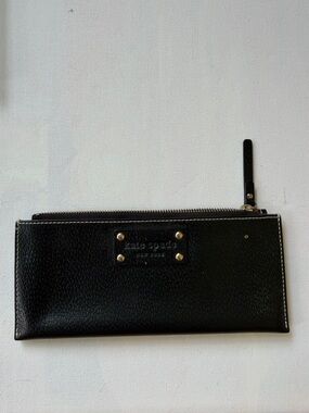 kate spade Black Leather Zip Card Wallet with Gold Accents